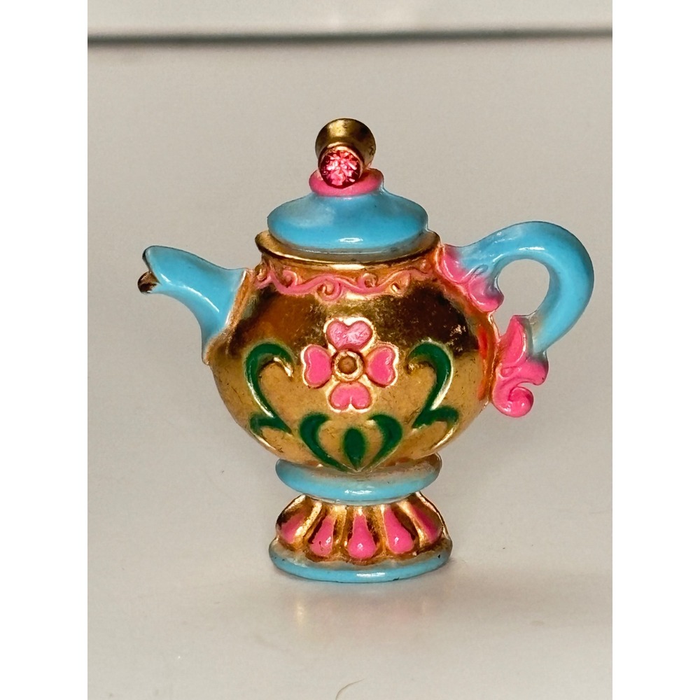 Vintage Teapot Brooch Whimsical Enamel Pink Rhinestone Flower Pin
